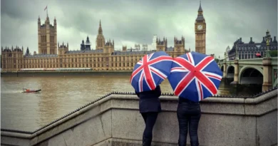 two women in back with umbrellas looking at big ben in london