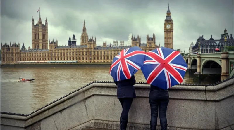 two women in back with umbrellas looking at big ben in london