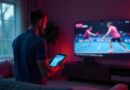 A man watches a table tennis tournament and bets on the result in an online casino on his tablet