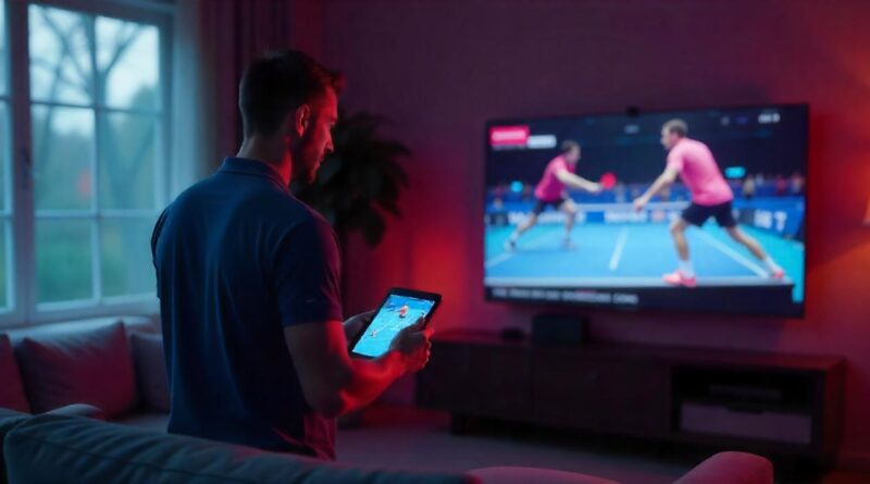 A man watches a table tennis tournament and bets on the result in an online casino on his tablet