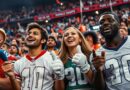 There are many sports fans at the stadium during the Super Bowl final in America.