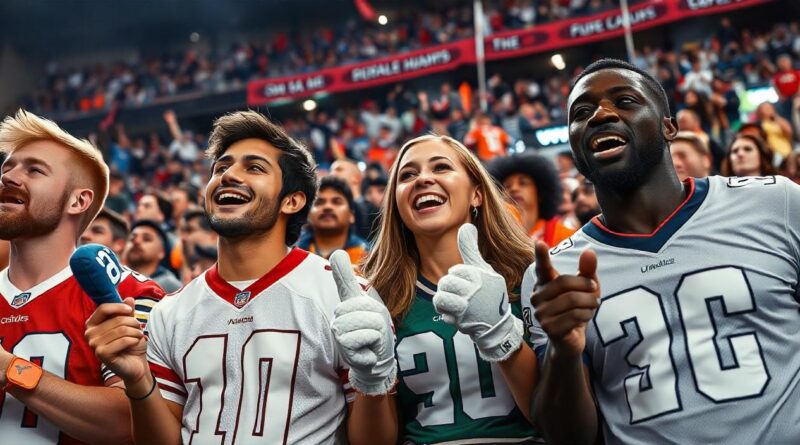 There are many sports fans at the stadium during the Super Bowl final in America.