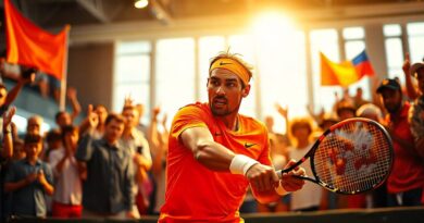 Rafael Nadal plays a Davis Cup tennis match in a hall full of tennis fans