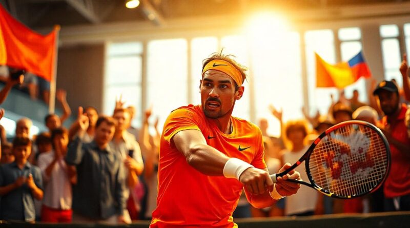 Rafael Nadal plays a Davis Cup tennis match in a hall full of tennis fans