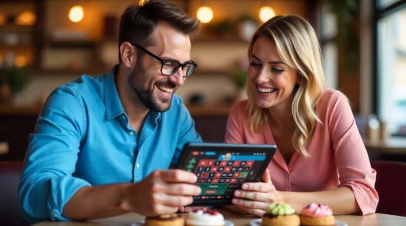 man and woman enjoy playing online casino on tablet