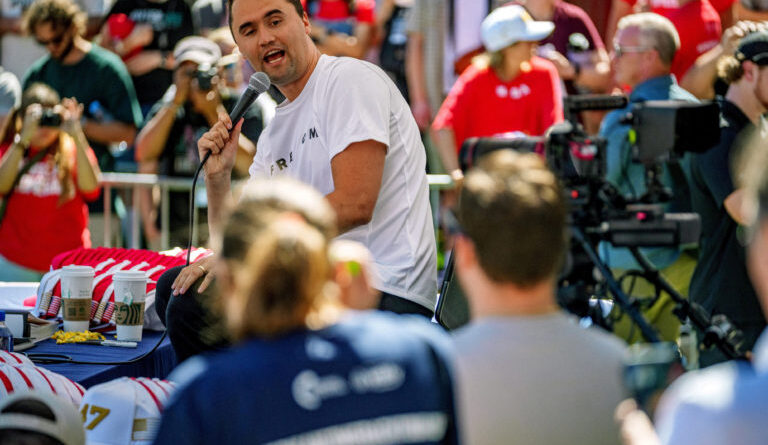 U.S. right-wing activist and commentator Charlie Kirk appears at a Utah Valley University speaking event in Orem